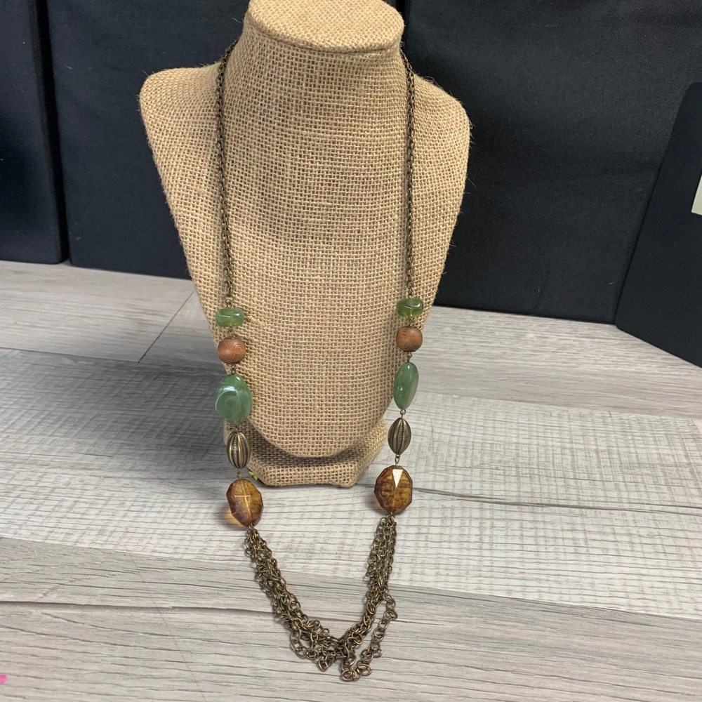Boho Bronze Tone Multi Strand Layered Necklace Green Amber Resin Beads 30 Inch